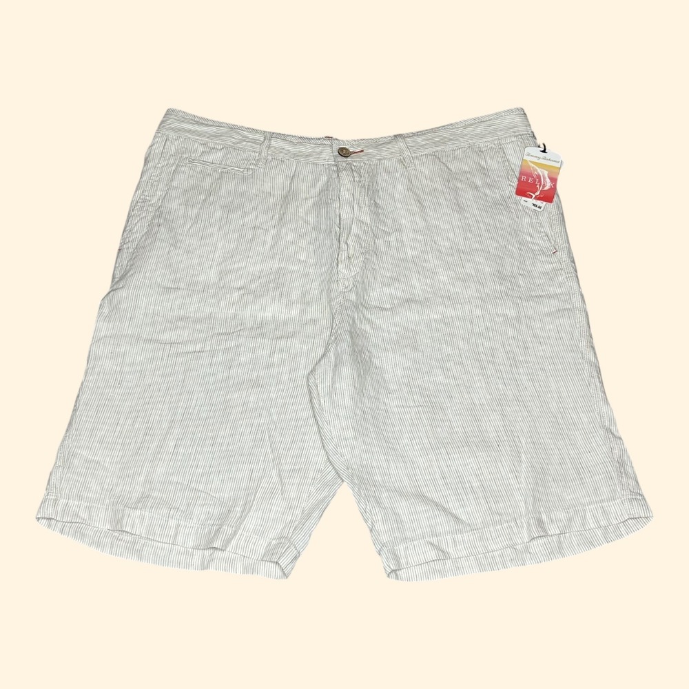 NWT Tommy Bahama Relax Mens 40 Tan White Pinstripe 100% Linen Shorts Beach Golf